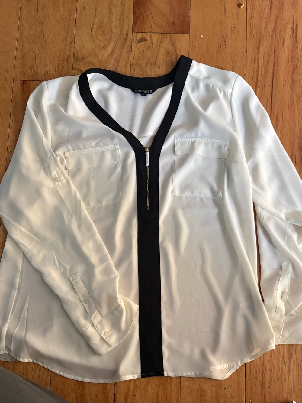 Express White Blouse with Black Trim and Front Zip